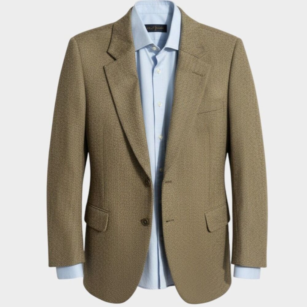 RALPH LAUREN Men Blazer Sport Coat 2-Button Jacket 42L SILK Tan Suit Herringbone